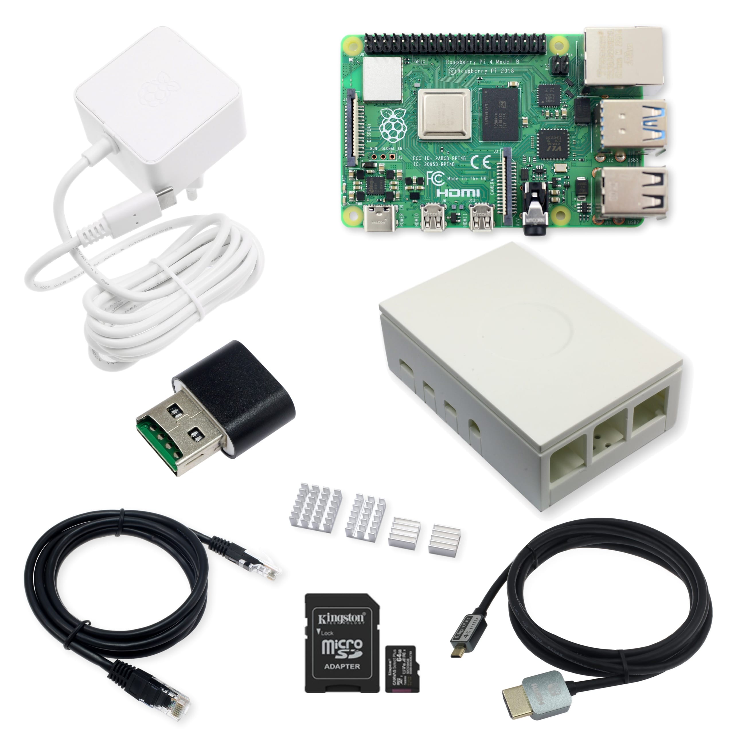 Zestaw Raspberry Pi 4B 2GB wraz z akcesoriami, takimi jak zasilacz, radiatory, kable HDMI, Ethernet i USB, oraz kartą microSD Kingston 64GB