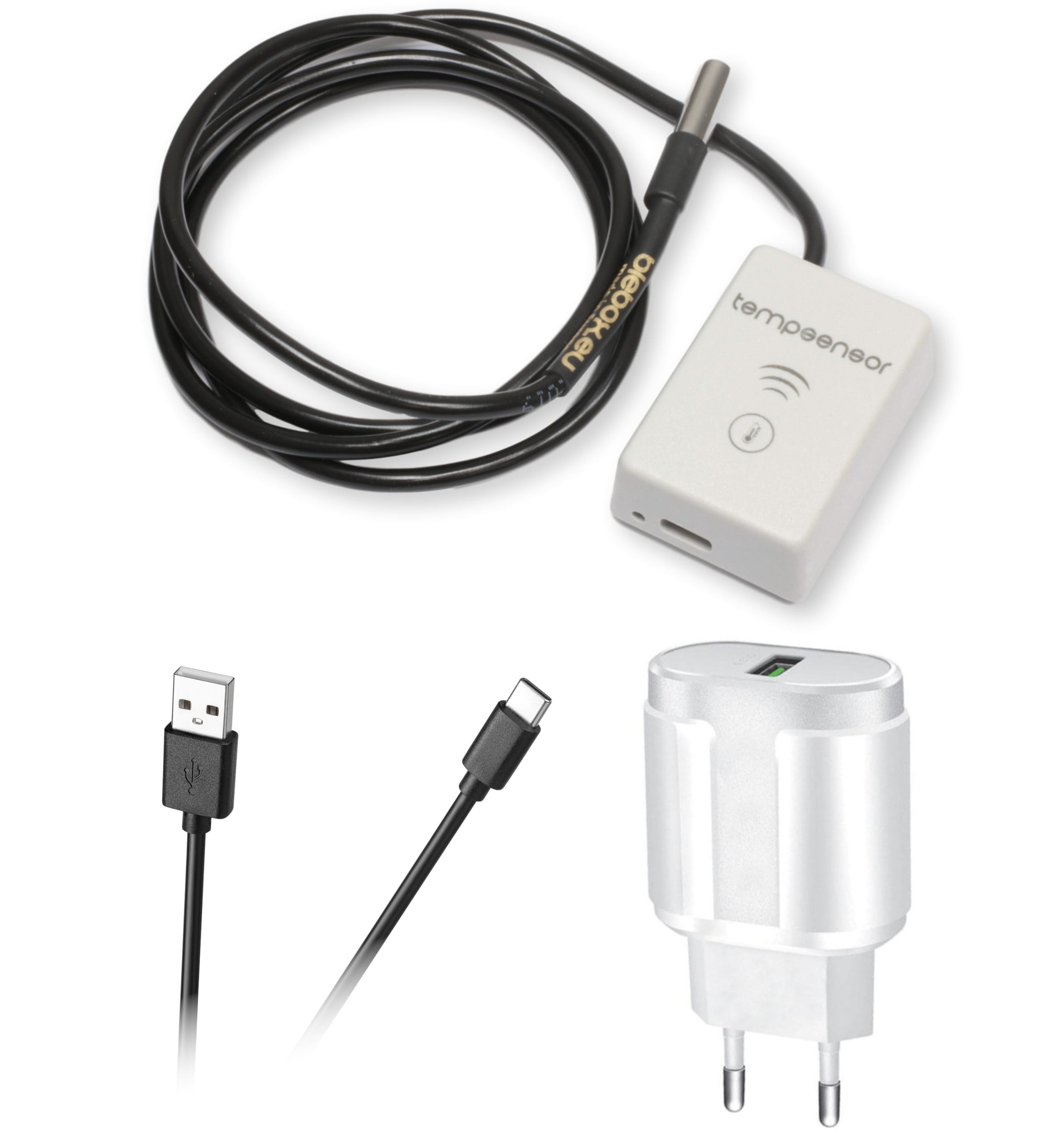 BleBox tempSensor 1m BleBox tempSensor (1m) + zasilacz USB - czarny kabel, czujnik temperatury WiFi oraz srebrny zasilacz