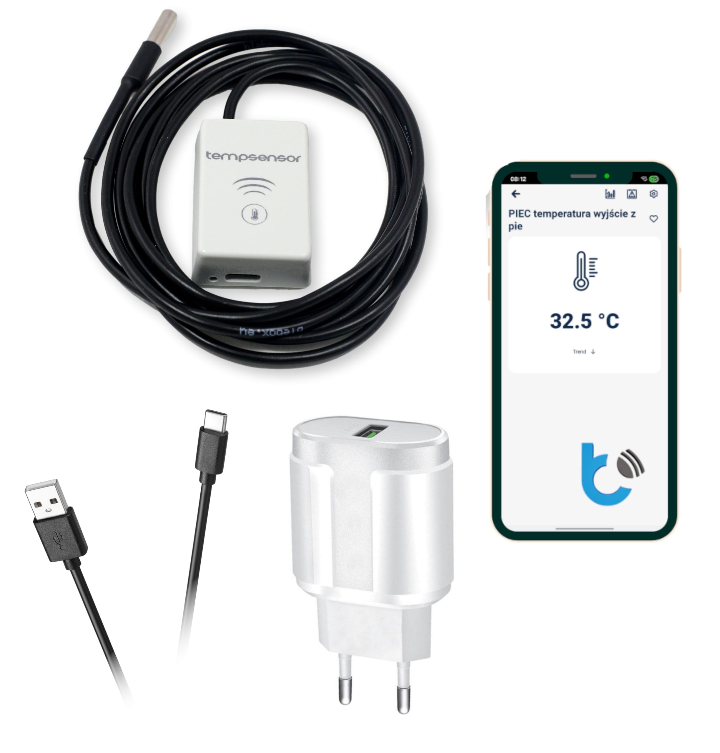 BleBox tempSensor (2m) - zestaw do pomiaru temperatury z czarnym kablem i białym czujnikiem