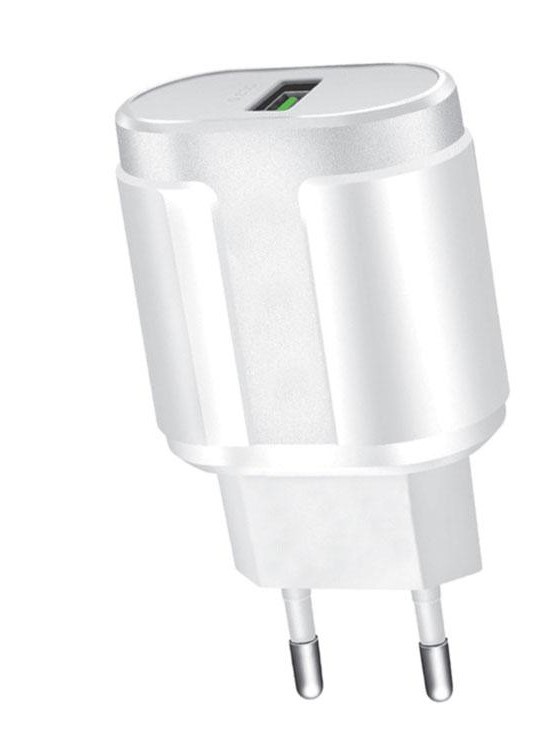 Zasilacz USB z białą matową obudową i zielonym wskazaniem na portzie
