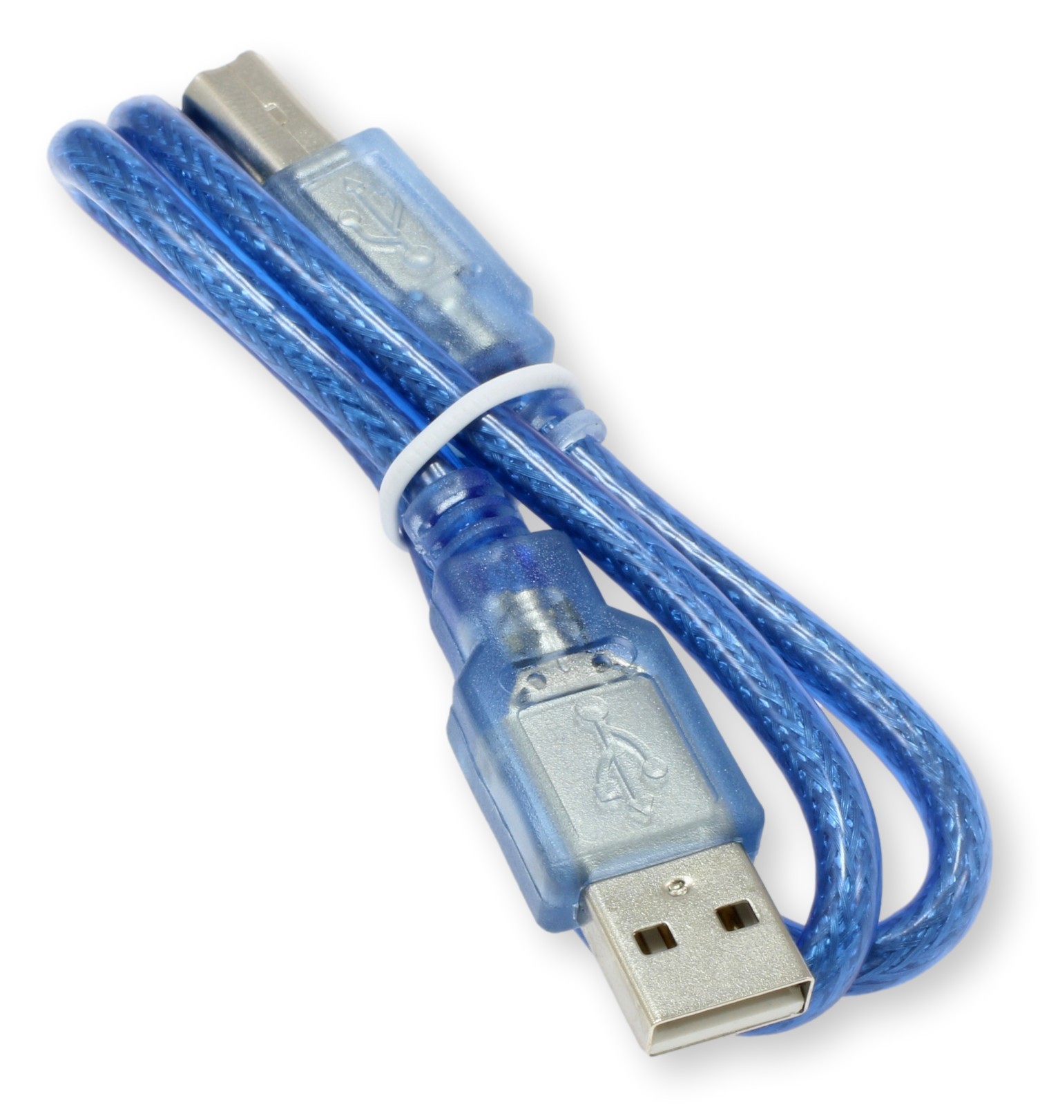 Kabel USB do programowania Arduino - niebieski kabel z przewodami w technice plecionki, gniazda USB A i B