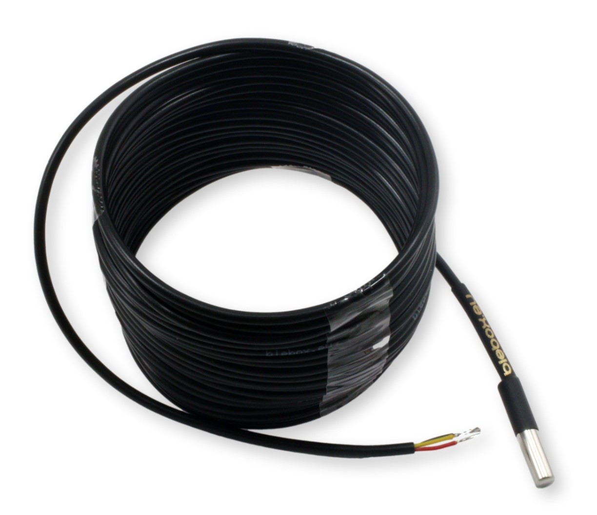 BleBox probe 5m BleBox probe 5m - czarny kabel z czujnikiem BleBox, logo 'blebox' i przewodami