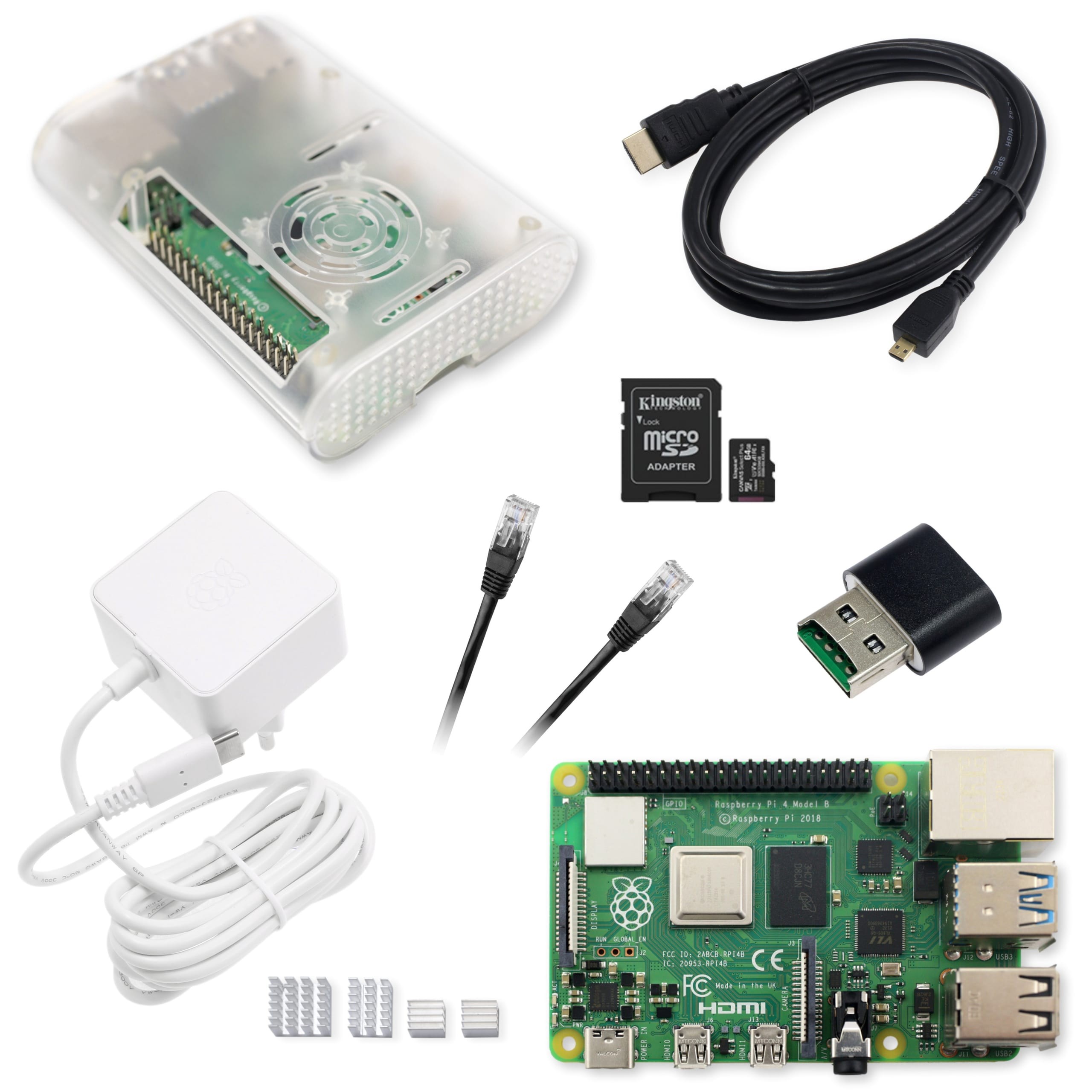 Zestaw Raspberry Pi 4B 8GB wraz z akcesoriami, w tym kartą microSD 64 GB, kablem HDMI, kablem Ethernet, adapterem, zasilaczem, obudową przezroczystą i nakrętkami.