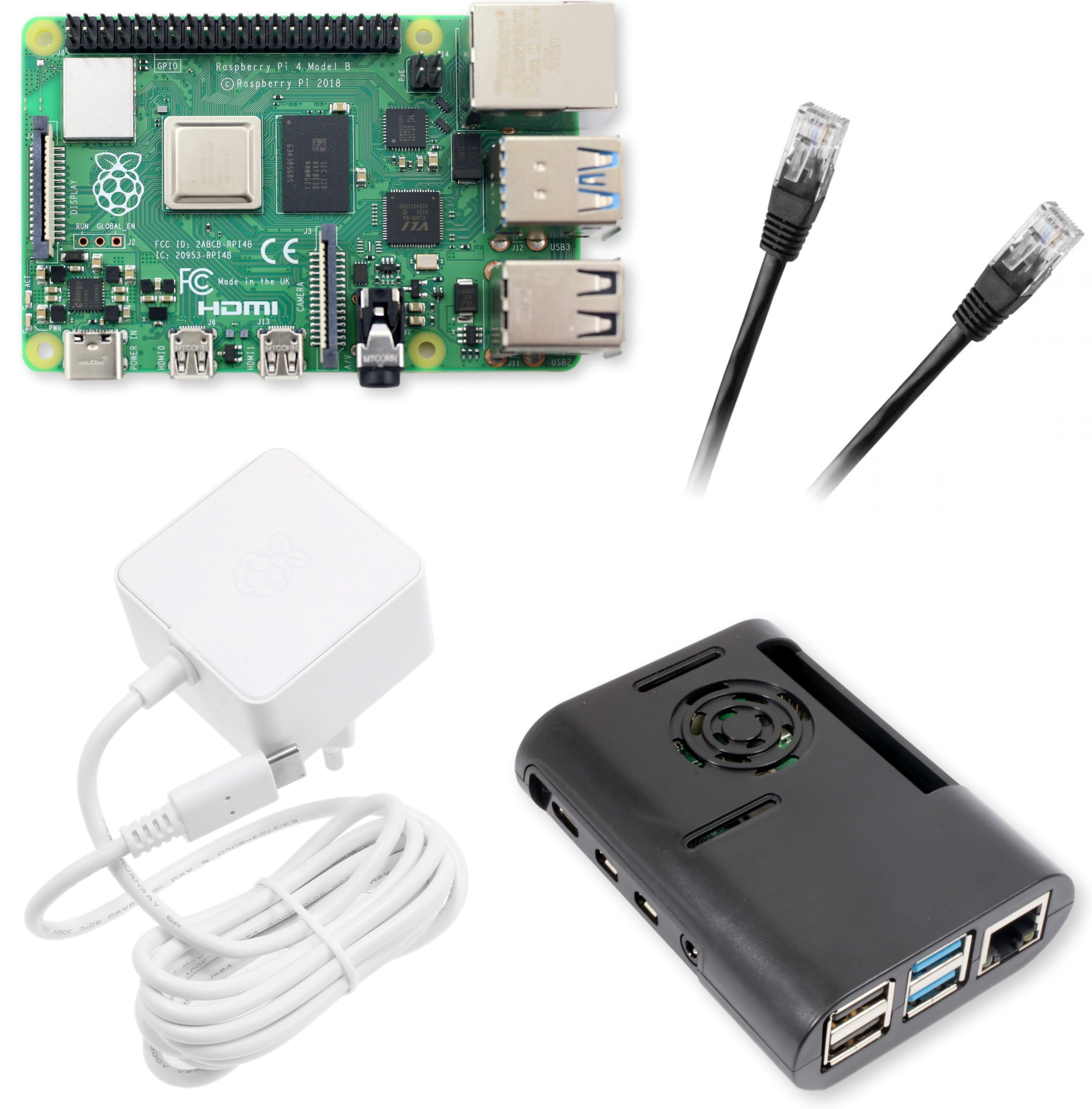 Zestaw Raspberry Pi 4 Model B 2 GB Raspberry Pi 4B 2GB w czarnej obudowie, zasilacz, kabel Ethernet i płyta główna