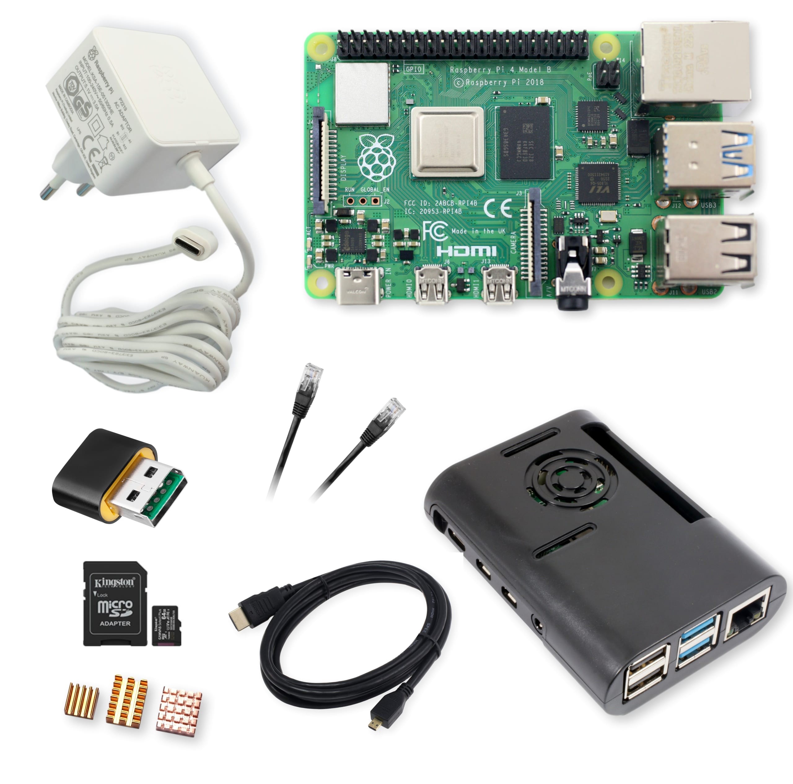 Zestaw Raspberry Pi 4B 2GB Raspberry Pi 4B 2GB - zestaw zawierający moduł, zasilacz, kabelki, radiator oraz kartę microSD Kingston 64GB