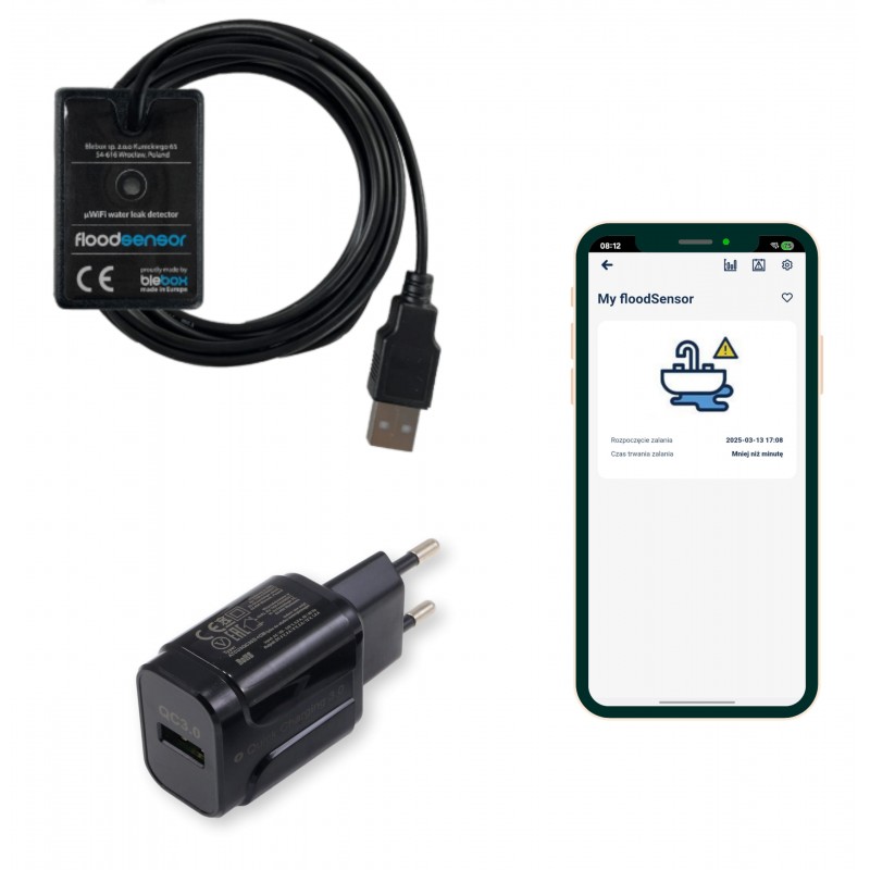 Zestaw BleBox floodSensor czujnik zalania WiFi z zasilaczem Ampere 18 W i kablem USB-C