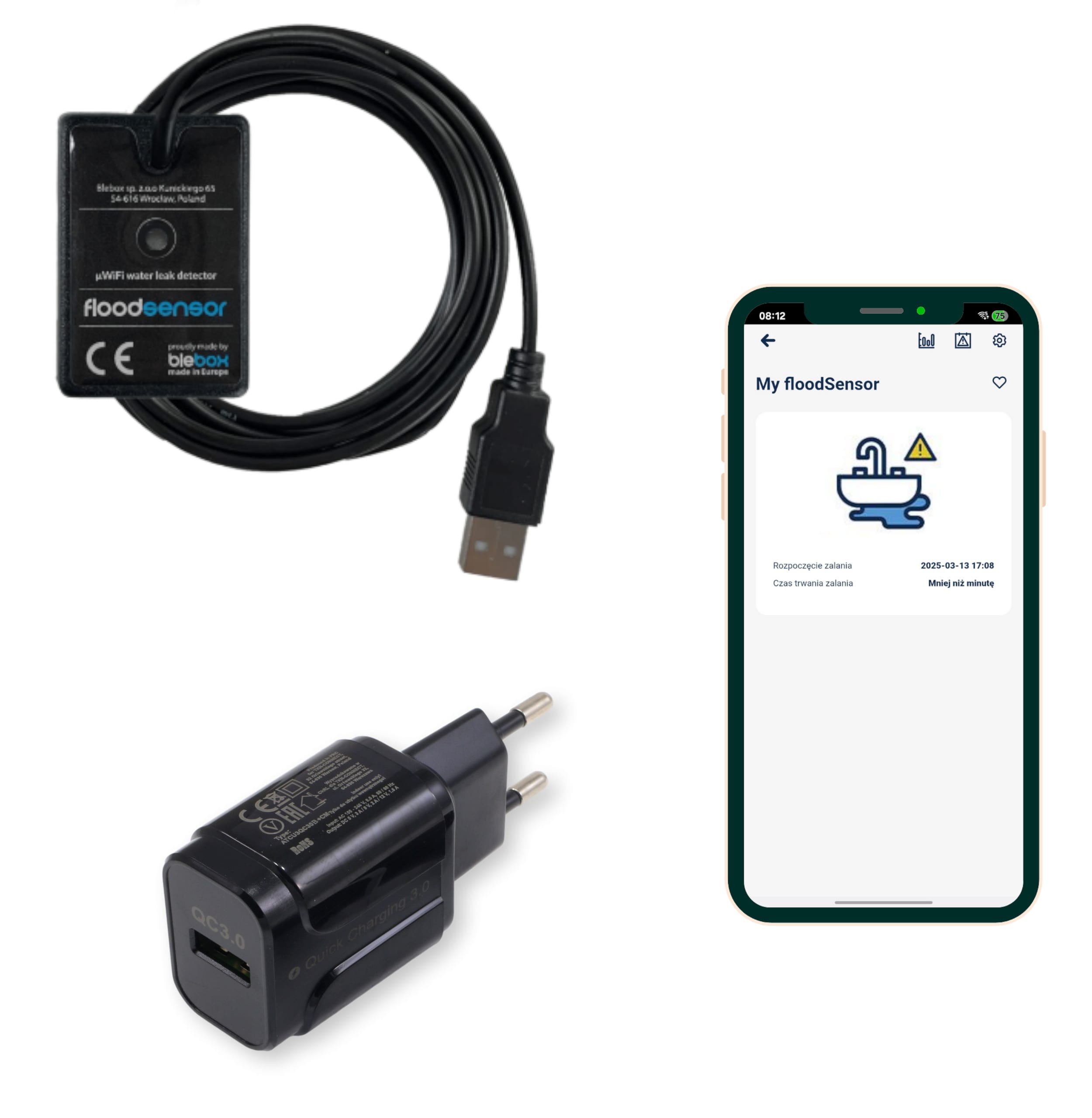BleBox floodSensor zasilany przez USB Zestaw BleBox floodSensor + zasilacz USB - czujnik zalania z aplikacją mobilną